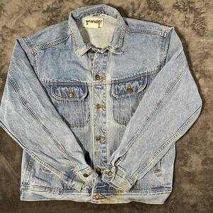 Vintage 90s Wrangler Rugged Wear Denim Trucker Thrashed Washed Jacket Size Large